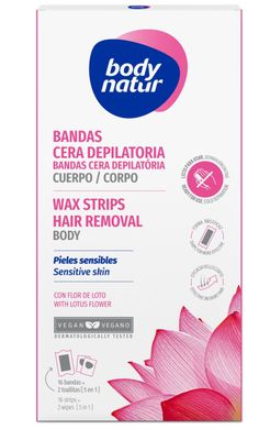 Восковые полоски для депиляции тела для чувствительной кожи с экстрактом цветка лотоса Wax Strips for Body Sensitive Skin, 16 полосок + 2 салфетки, Body Natur, 16 + 2 шт