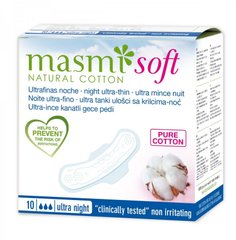 Органічні ультратонкі гігієнічні прокладки Soft для сильних виділень, з крильцями, 10 шт, Masmi, 10 шт