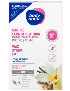 Восковые полоски для депиляции лица для чувствительной кожи - гипоаллергенные с ванилью Wax Strips for Face sensitive Skin- Hypoallergenic, 12 полосок + 2 салфетки, Body Natur, 12 + 2 шт
