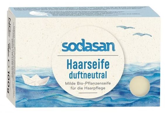 Органическое нежное мыло-шампунь (твердый шампунь) для волос для чувствительной кожи головы, не ароматизированное, 100 г, Sodasan
