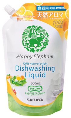 Рідина для миття посуду Happy Elephant з ароматом грейпфруту, 500 мл, наповнювач, Saraya